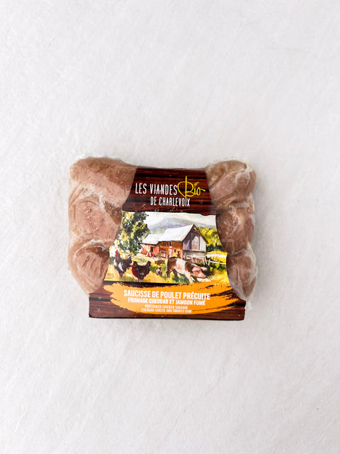 Saucisses précuites de poulet biologique  - cheddar et jambon fumé (350g)